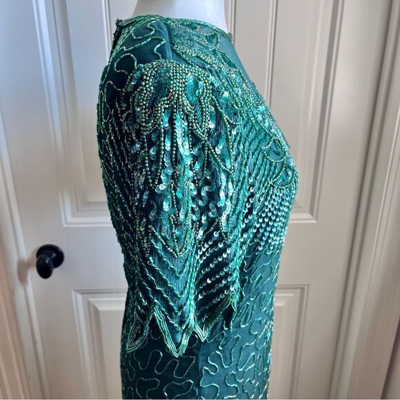 Scala Emerald Beaded Sequin Silk Formal Evening Gown Sz. Large - Picture 8 of 13